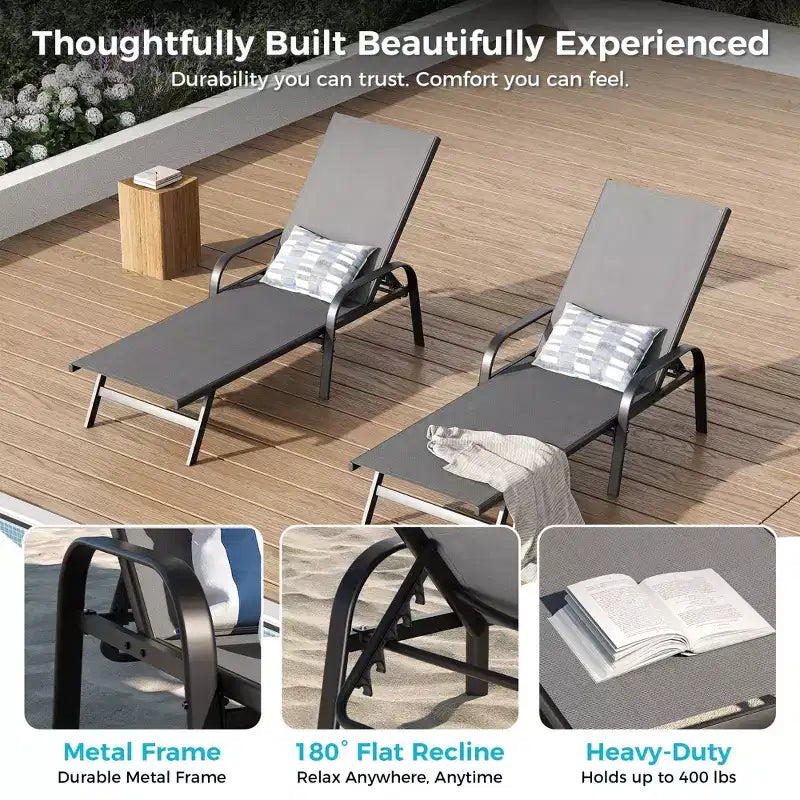 Outdoor Lounge Chair Set of 2  5-Position Adjustable Recliner, Textilene Fabric, 76 Pool Chaise for Patio, Garden & Poolside