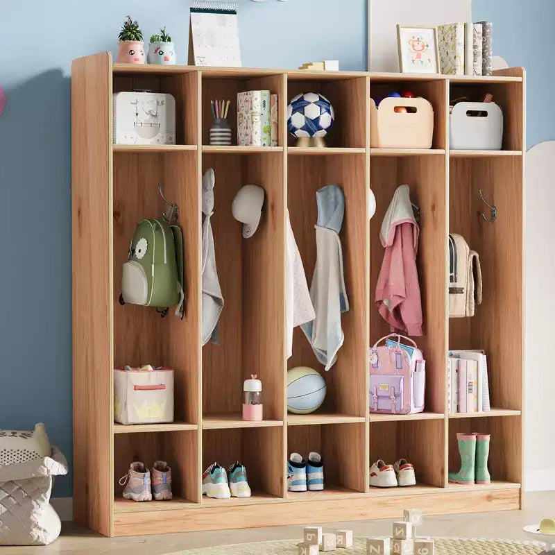 5-Section Classroom Coat Locker with 10 Cubbies, Cubby Storage Organizer with 10 Hooks for Home, School, Nursery, Kindergarten