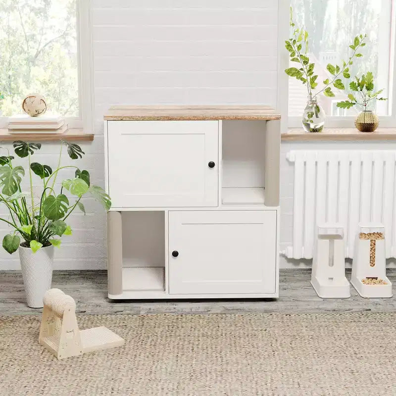 Litter Box Enclosure with Double Room, Hidden Enclosed Litterbox Furniture with Scratch Posts and Double-Layer Litter Mats Indoor Pet House