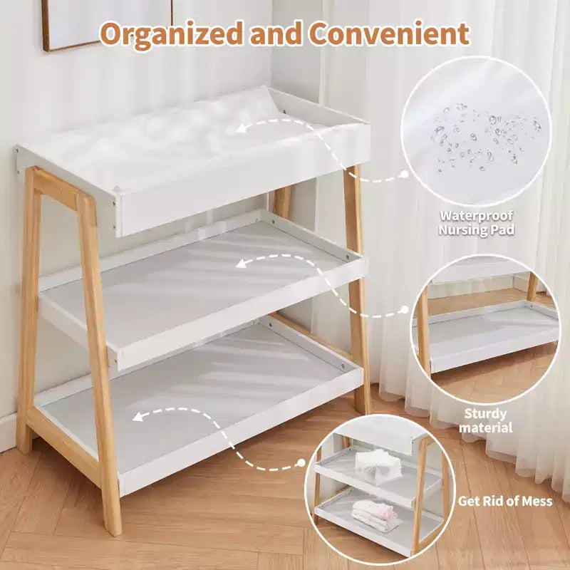 Modern Baby Changing Table with Waterproof Pad & 2 Storage Shelves, Portable Wood Nursery Furniture for Newborns/Infants, Wood+White