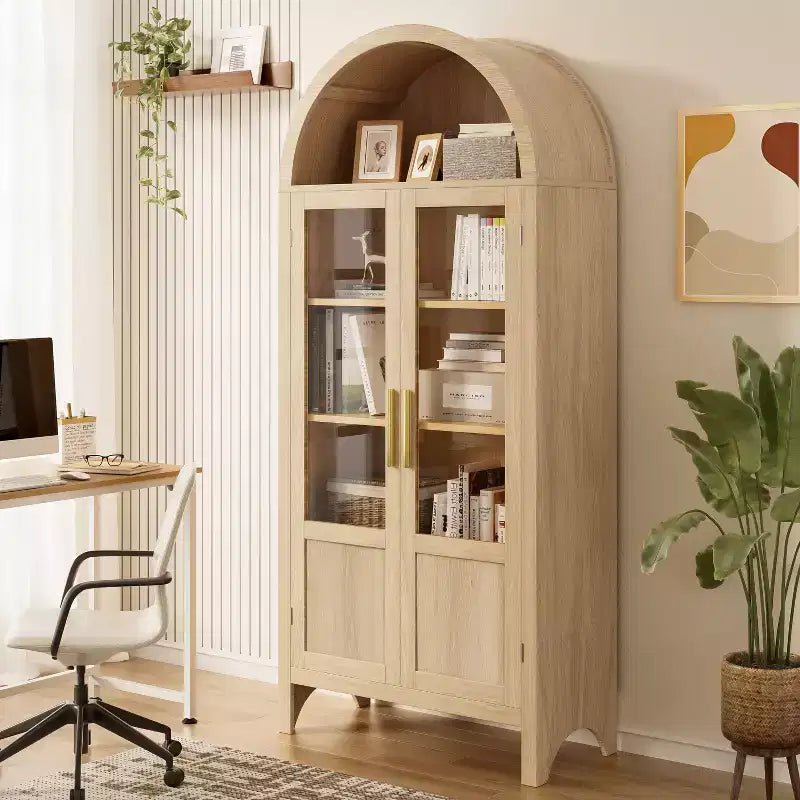71 Tall Arched Storage Cabinet with 2 Acrylic Doors and Shelves for Living Room