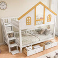Whisen Twin Size Bunk Bed with Window Door and Roof, Storage Drawers and Staircase