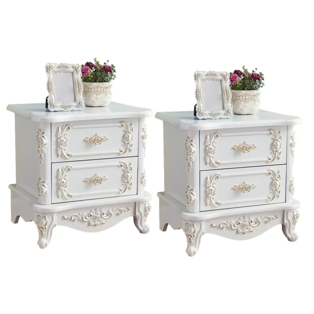 Traditional White Wood Carved 3-Drawer Nightstand