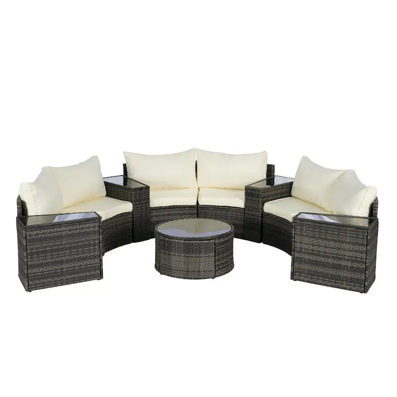 11-Piece Outdoor Half-Round Modular Sectional Sofa Set with Tempered Glass Coffee Table and 4 Side Table