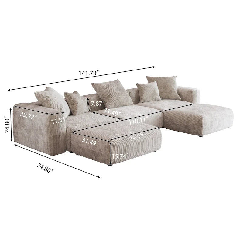 141.73 Modular Sectional Sofa, Corduroy U Shaped Sofa Couch with Ottomans