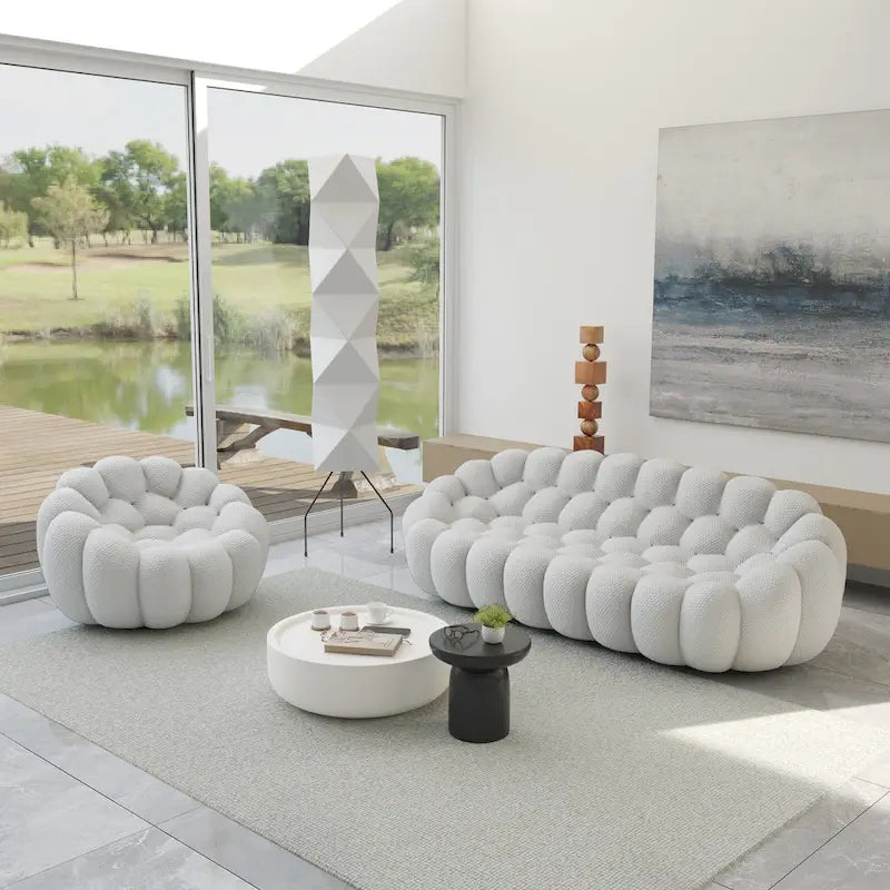 2PCS 3D Honeycomb Fabric Upholstered Bubble Sofa, 3 Seater Bubble Couch and Single Sofa for Living Room