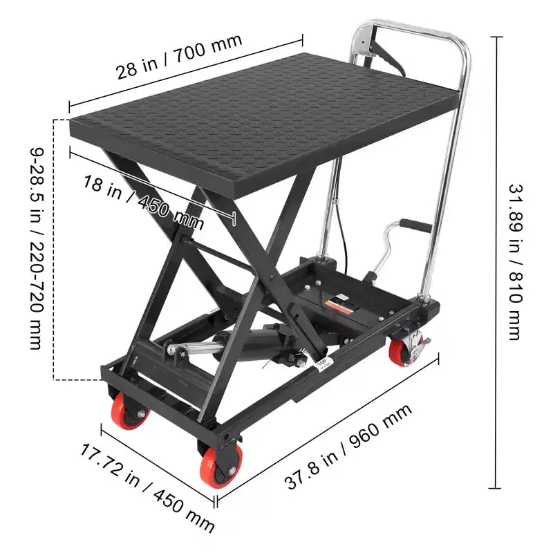 Hydraulic Lift Table Cart, 500lbs Capacity 28.5 Lifting Height, Manual Single Scissor Lift Table with 4 Wheels and Non-slip Pad