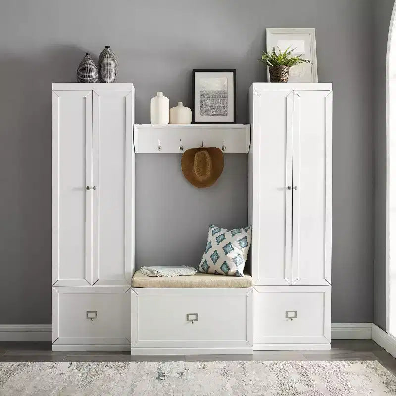 4pc Harper Entryway Set with Bench, Shelf & 2 Pantry Closets: Organizer with Coat Rack - Crosley