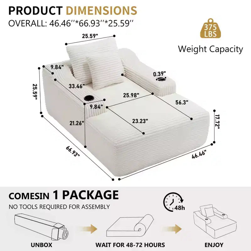 67 Chaise Lounge Chair, Indoor Sleeper Sofa Bed with 2 Pillows, Boneless Single Sofa Couch for Living Room, No Assembly Required