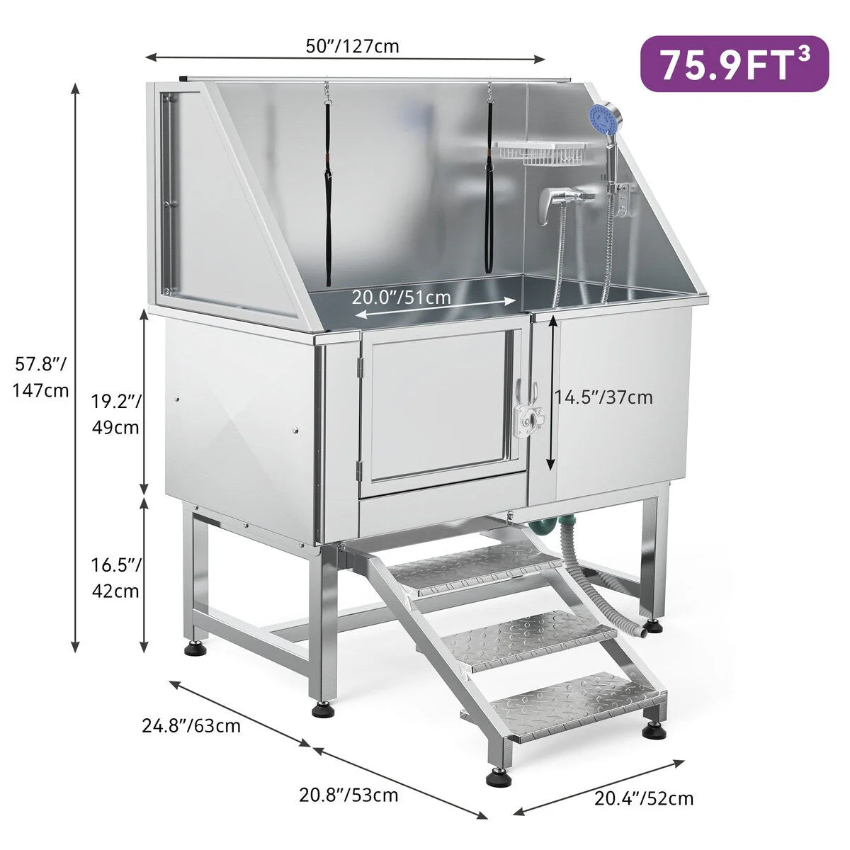 50 W Stainless Steel Adjustable Pet Grooming Tub with Steps Ramp