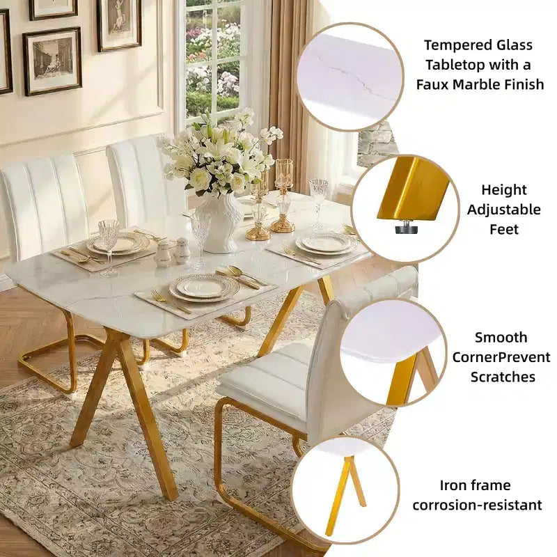 GDFStudio Daniela Modern Tempered Glass Rectangular Dining Table with Marble Design and Metal Legs