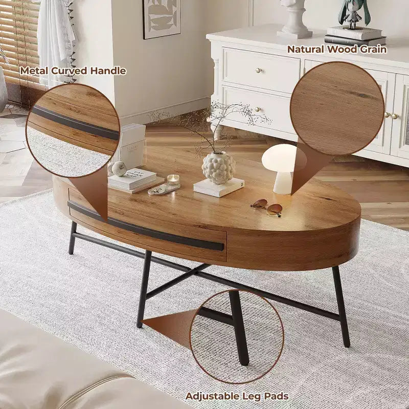 Oval Coffee Table with Drawer Mid-Century Modern Center Table 47.2 Wooden Coffee Table with Storage and Cross Metal Legs Curved Design