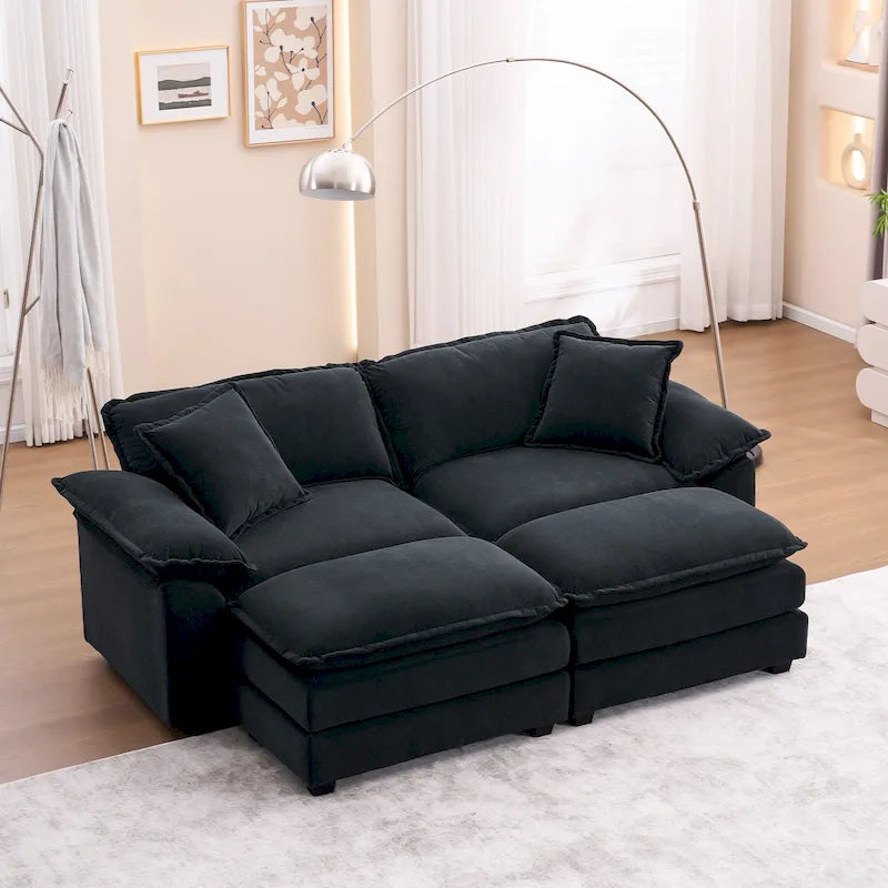 2-seater sofa with 2 cushions, 2 pillows and 2 ottomans, comfortable sofa - Living room deep sofa, modular sofa