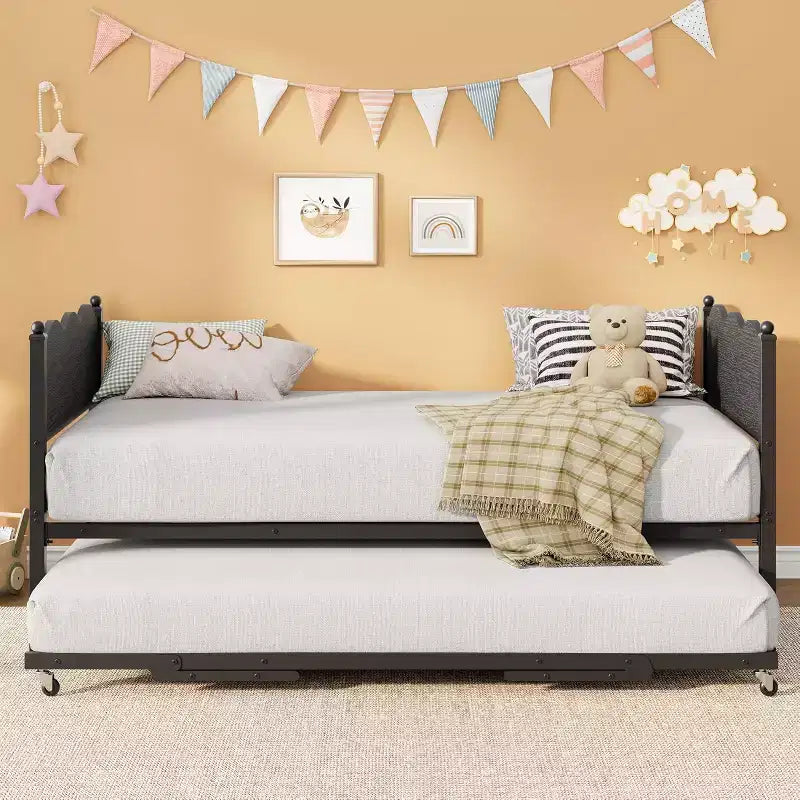 Twin Size Daybed with Trundle, Metal Frame with Wavy Wood Grain Headboard, Lockable Casters, Space-Saving Sofa Bed, No Box Spring Needed