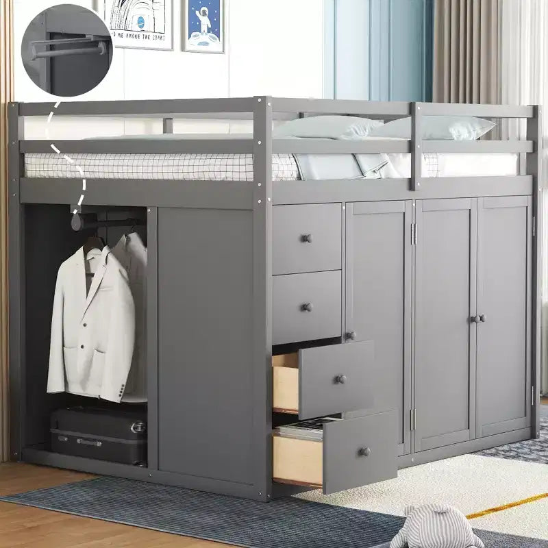 Teddy Fleece Full Size Loft Bed with Storage Shelf and Drawers, Wooden High Loft Bed with Versatile Desk for Bedroom