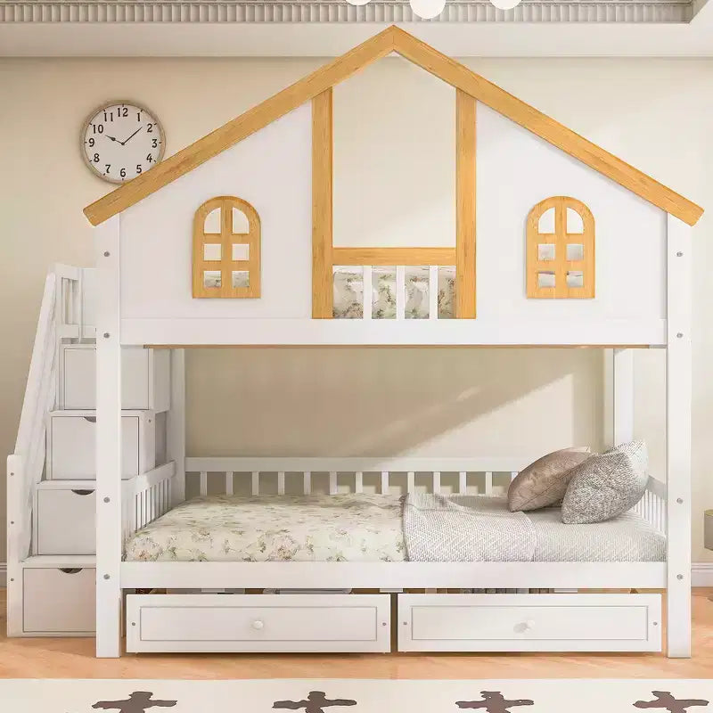Whisen Twin Size Bunk Bed with Window Door and Roof, Storage Drawers and Staircase
