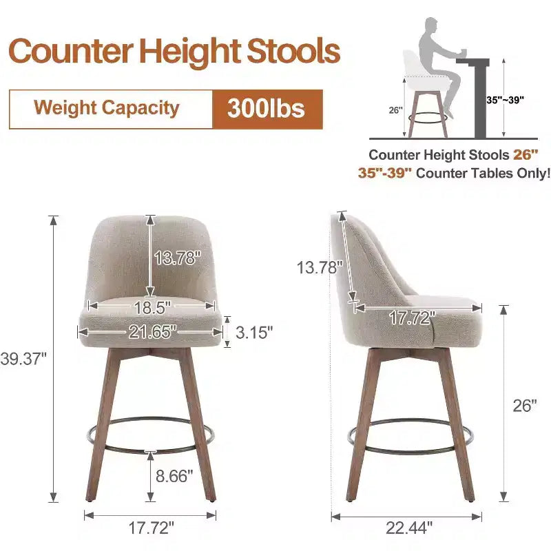 Bekrvio 26 Counter Height Swivel Bar Stools Set of 4 Backs and Wood Legs,Linen Fabric/PU Leather Upholstered Barstools for Kitchen Island