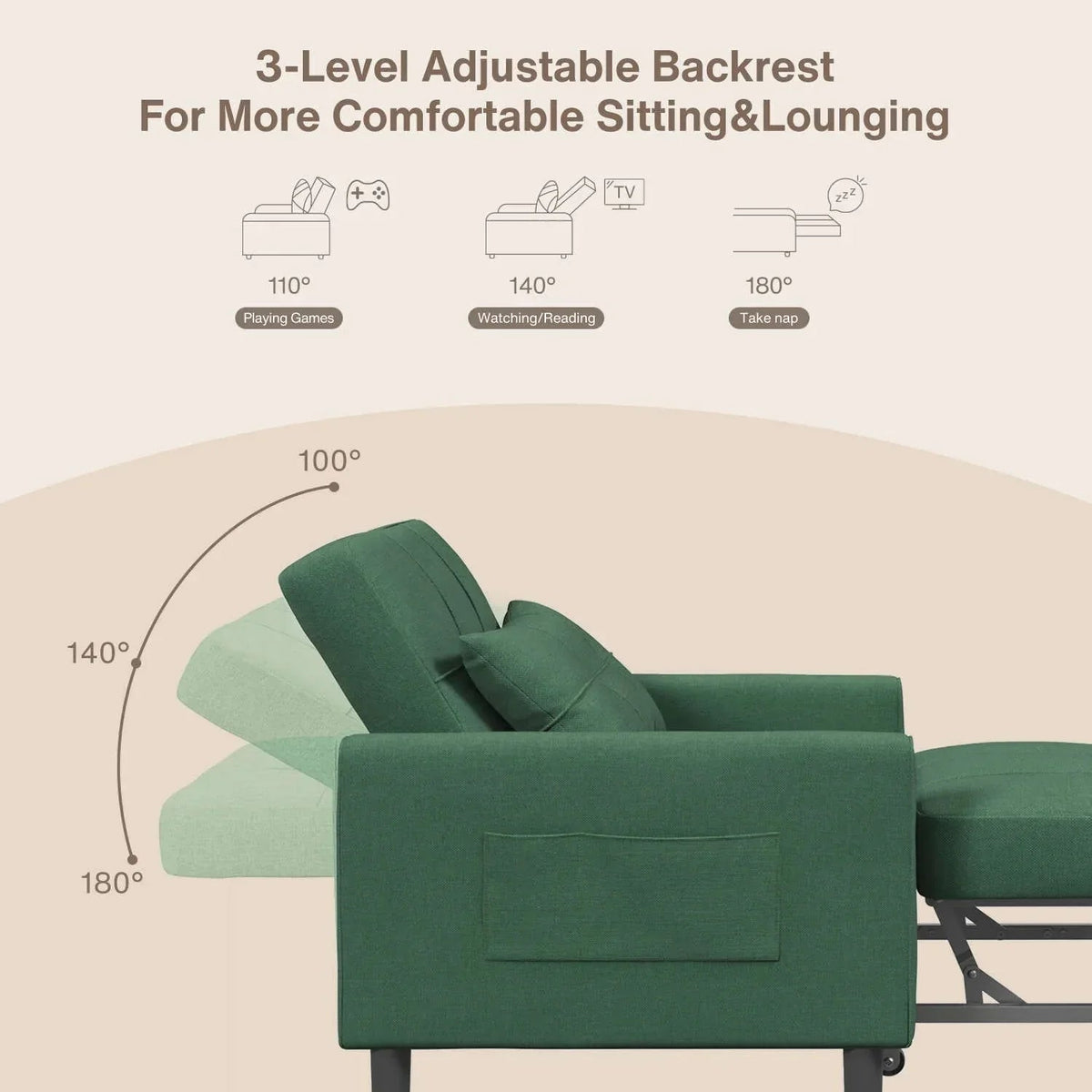 3-in-1 Adjustable Sleeper Sofa Bed, Pull Out Chair Sofa, Convertible Folding Bed for Living Room