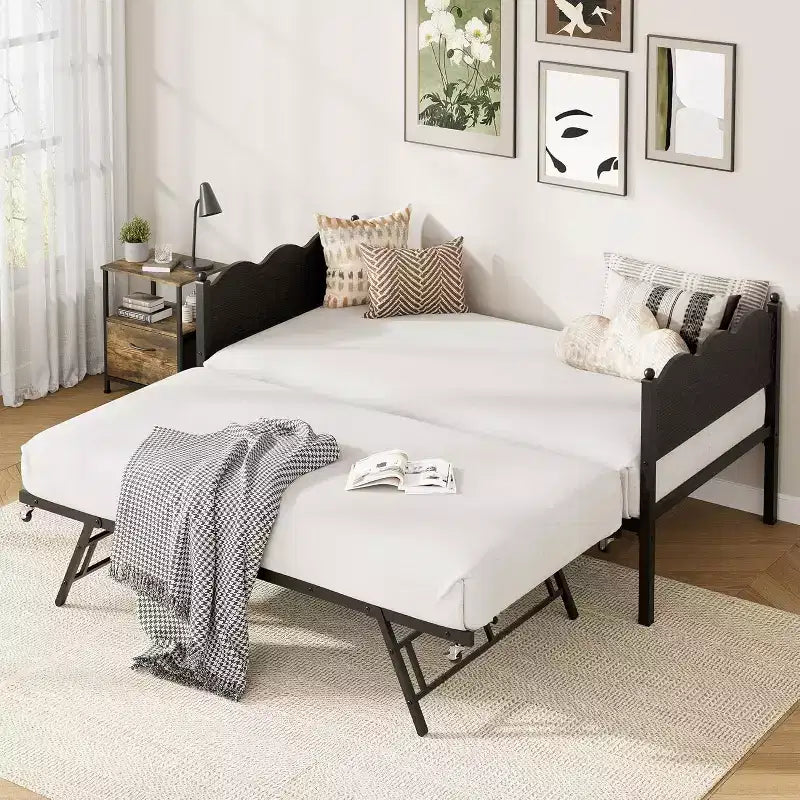 Twin Size Daybed with Trundle, Metal Frame with Wavy Wood Grain Headboard, Lockable Casters, Space-Saving Sofa Bed, No Box Spring Needed