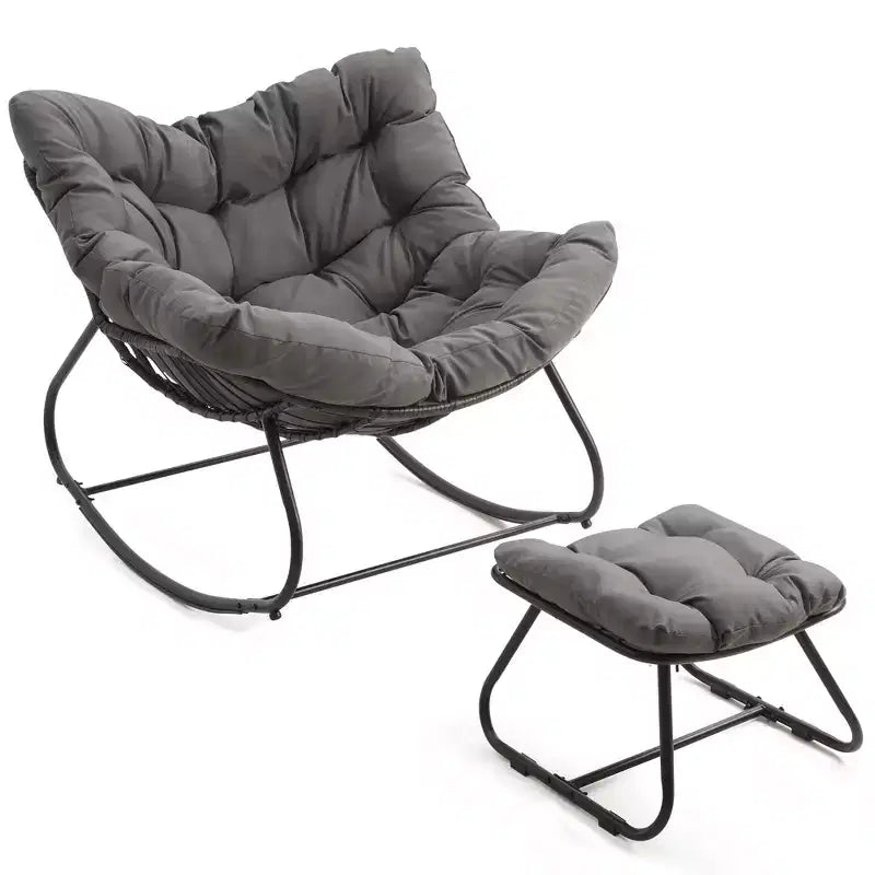 Heynemo Patio Rocking Chair with Ottoman, Outdoor Indoor Rocking Egg Chair with Cushions, Metal Lounge Chair Oversized Papasan Chair, Reading Chair