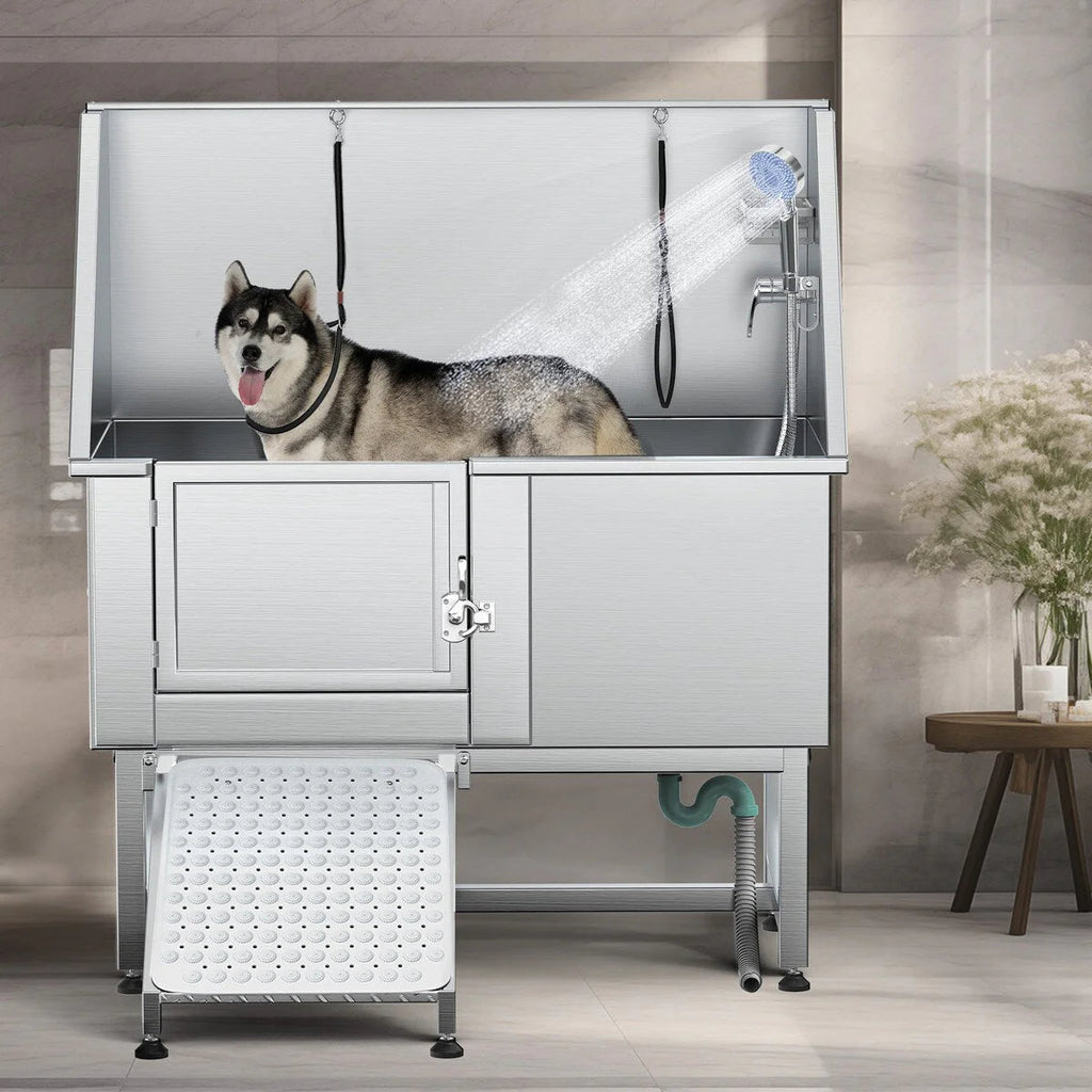 50 W Stainless Steel Adjustable Pet Grooming Tub with Steps Ramp