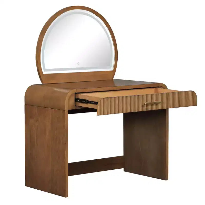 Makeup Vanity Table with Large Mirror and Touch Screen, Vanity Desk with Large Drawer and Arched Corner, Dressing Table for Bedroom