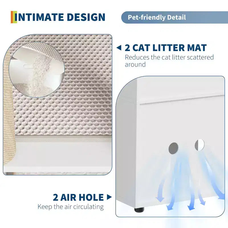 Litter Box Enclosure with Double Room, Hidden Enclosed Litterbox Furniture with Scratch Posts and Double-Layer Litter Mats Indoor Pet House