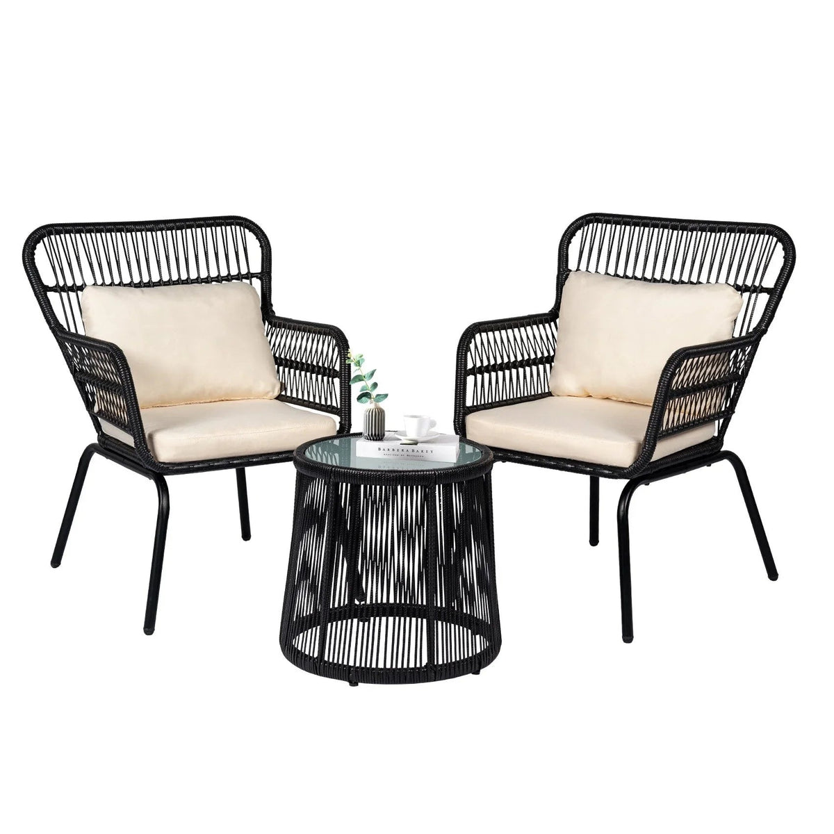 3 Piece Outdoor Wicker Conversation Bistro Set, All-Weather Rattan Furniture Patio Chairs Set with Cushions