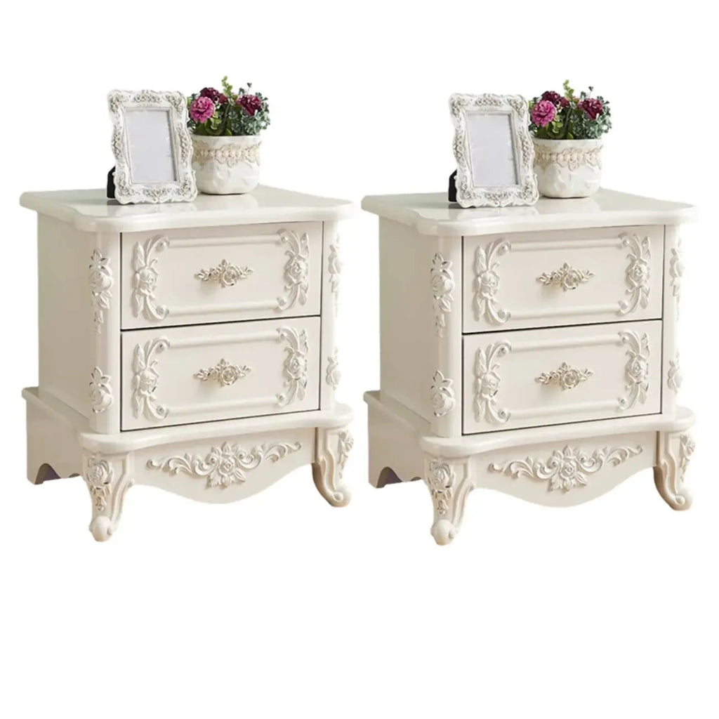 Traditional White Wood Carved 3-Drawer Nightstand