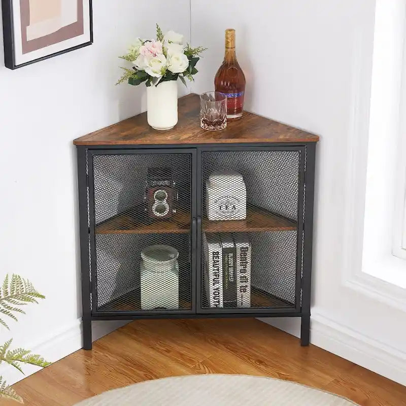 Javlergo Corner Table Modern Triangle 3-tier Storage Shelf with 2 Doors for Living Room Bedroom Office