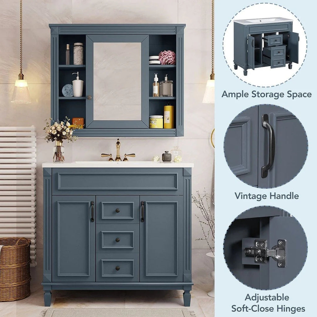 36 Modern Bathroom Vanity with Top Sink and Mirror Cabinet,2 Doors and 2 Drawers
