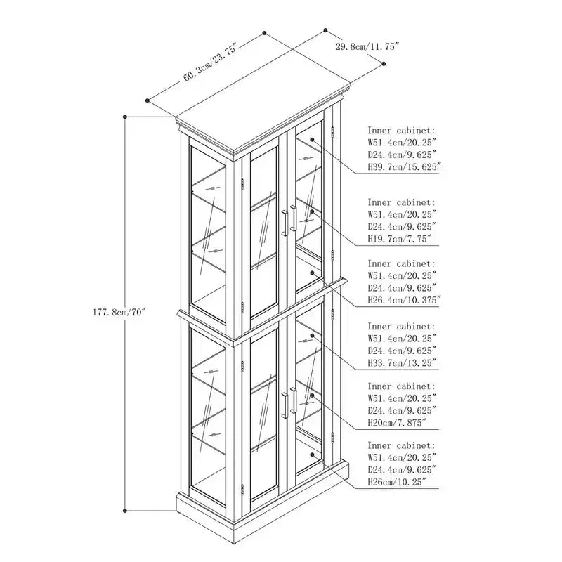 Display Cabinet, Curio Cabinet with 6 Adjustable Shelves and Tempered Glass Doors, Tall Cabinet for Living Room, Bedroom
