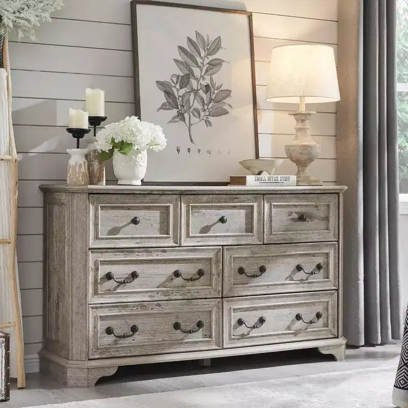54 7-Drawer Dresser for Bedroom, Vintage Rustic Wide Chest of Drawers for Living Room & Hallway