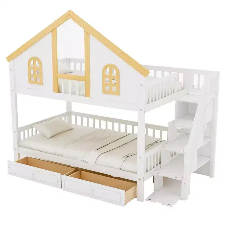 Whisen Twin Size Bunk Bed with Window Door and Roof, Storage Drawers and Staircase