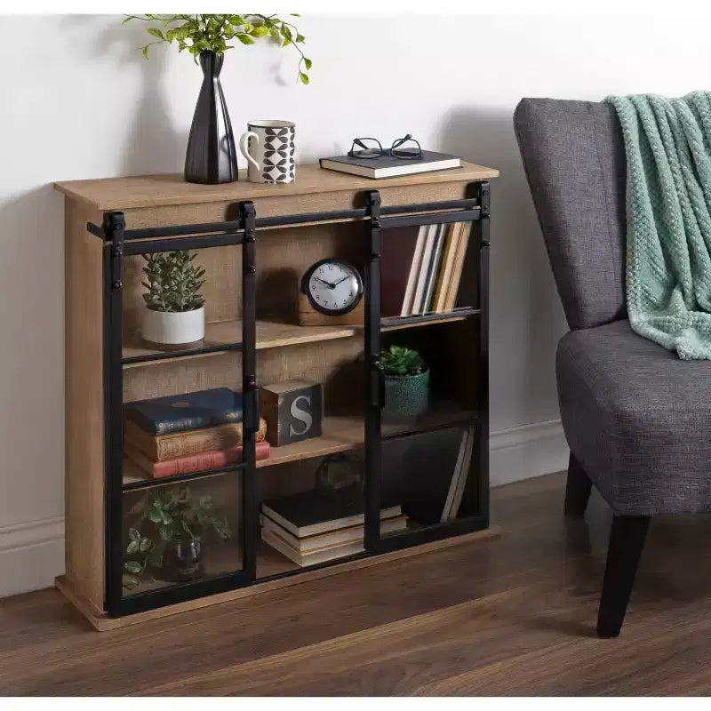 30 x 28 Barnhardt Decorative Wooden Wall Cabinet with 2 Sliding Glass Doors Rustic Brown - Kate & Laurel All Things Decor: Metal Framed