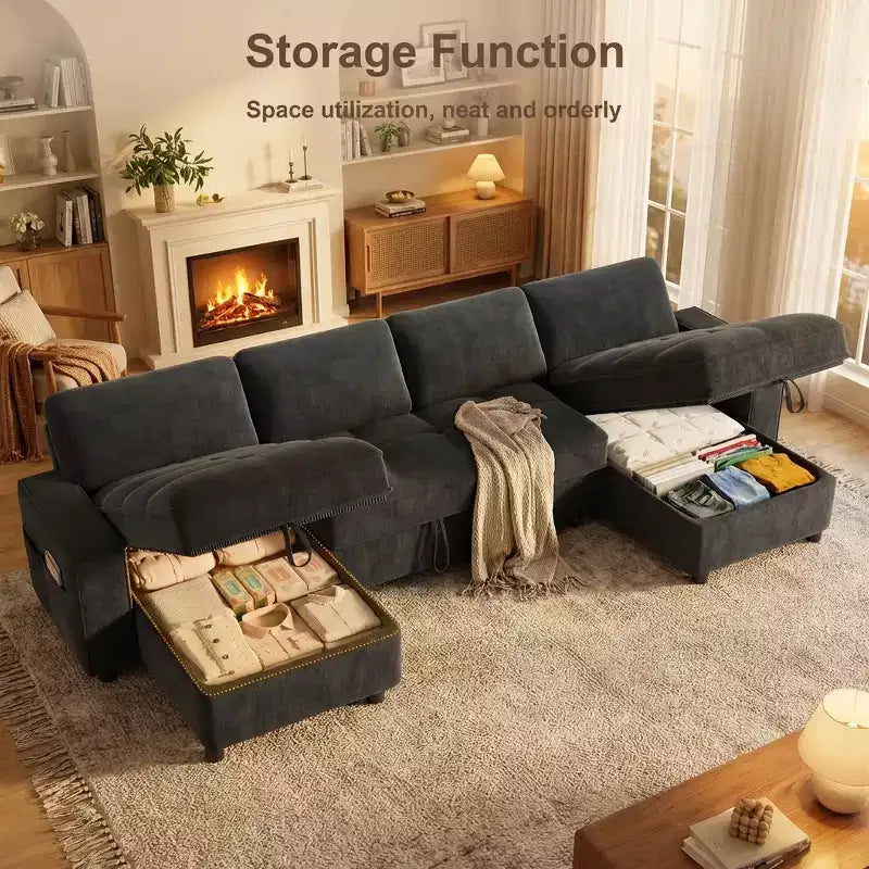 104 U-Shaped Convertible Sleeper Sofa Bed with Storage