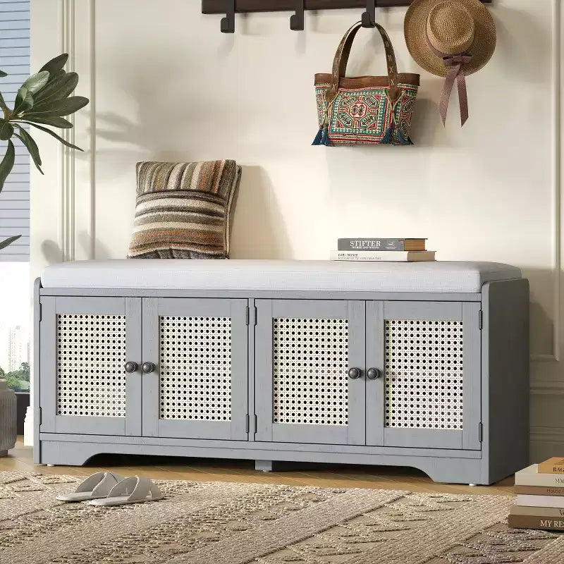 47 Rustic Rattan Entryway Bench with Storage, Shoe Bench Entryway with Removable Cushion for Hallway or Living Room-Panipeachy