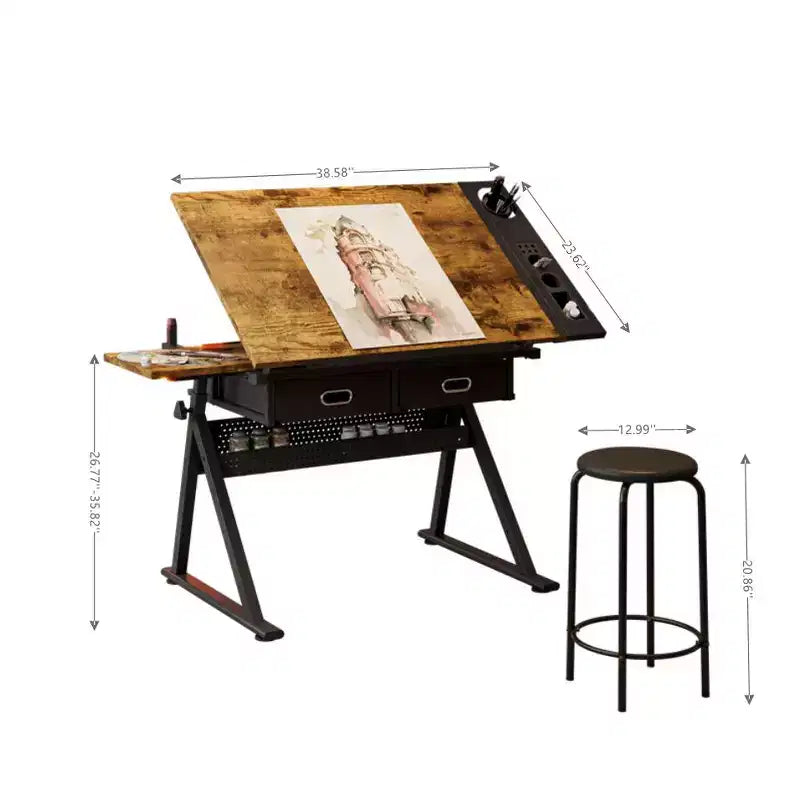 Adjustable drawing drafting table desk with 2 drawers for home office and school with stool(brown)