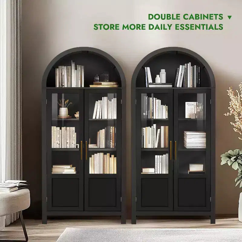 71 Tall Arched Storage Cabinet with 2 Acrylic Doors and Shelves for Living Room
