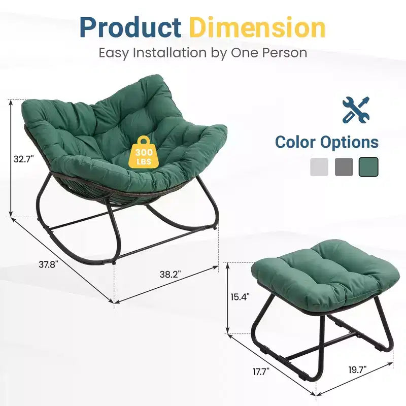 Heynemo Patio Rocking Chair with Ottoman, Outdoor Indoor Rocking Egg Chair with Cushions, Metal Lounge Chair Oversized Papasan Chair, Reading Chair
