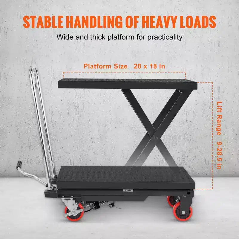Hydraulic Lift Table Cart, 500lbs Capacity 28.5 Lifting Height, Manual Single Scissor Lift Table with 4 Wheels and Non-slip Pad