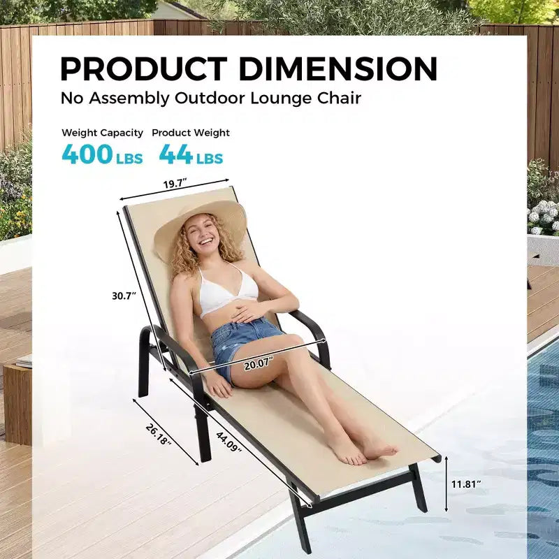 Set of 2 Outdoor Patio Chaise Lounge Chairs, 5-Position Adjustable Reclining Chairs with Textilene Fabric, Poolside Loungers for Garden & Balcony