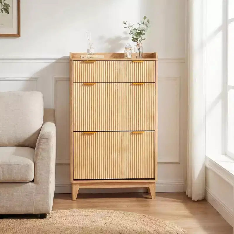 Slim Fluted Shoe Cabinet for Entryway  Modern Narrow Hallway Organizer with 2 Doors, Adjustable Shelves, Compact Storage Solution for Home