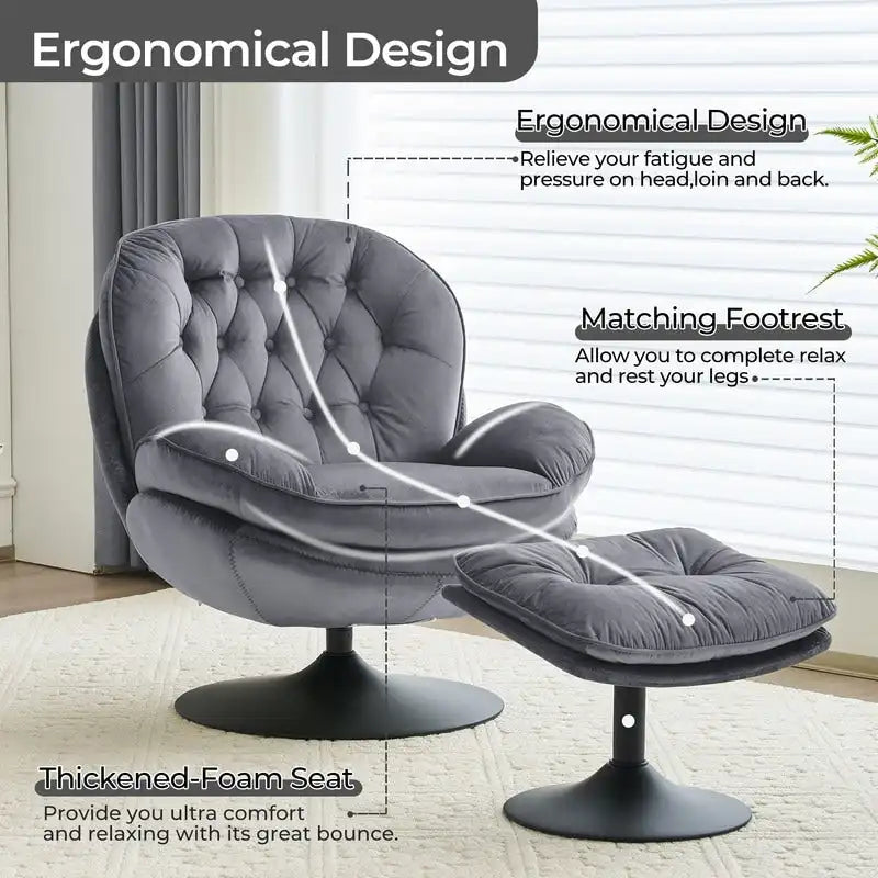 Velvet Swivel Accent Chair with Ottoman Round Reading Accent Chair Foot Stool Ottoman Set,360 Swivel,Metal Frame