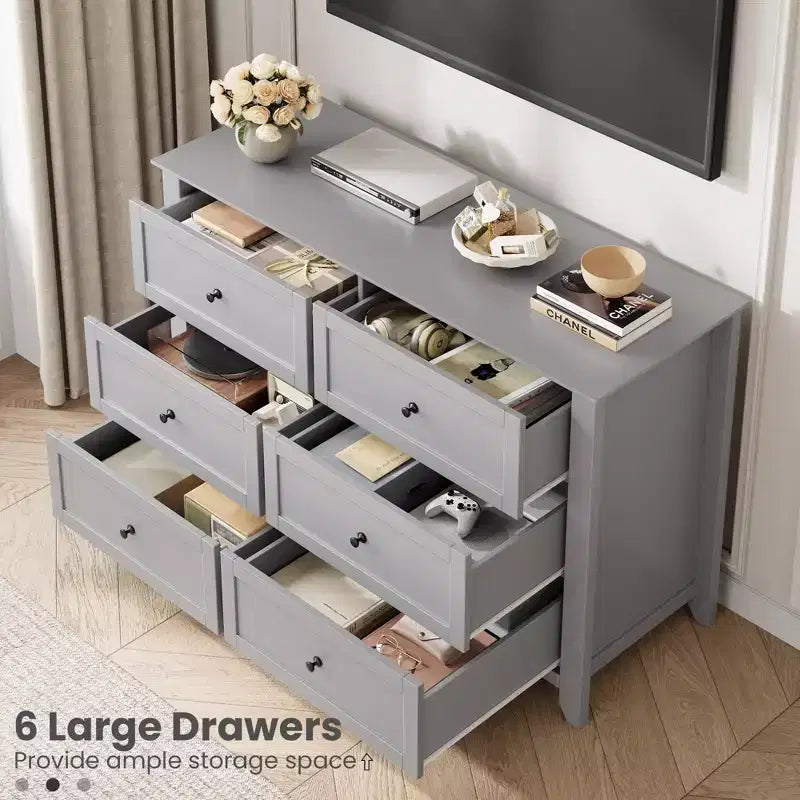 6 Drawer Dresser for Bedroom, Large Dresser with Deep Drawers & Metal Knobs, Modern Wooden Chests of Drawers for Entryway, Hallway