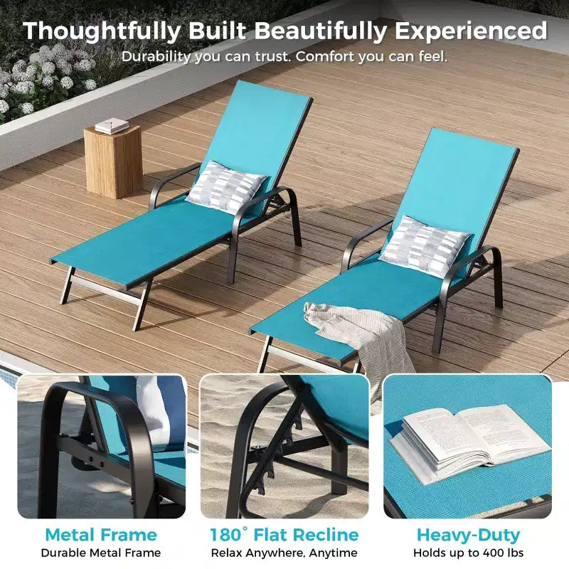 Outdoor Lounge Chair Set of 2  5-Position Adjustable Recliner, Textilene Fabric, 76 Pool Chaise for Patio, Garden & Poolside