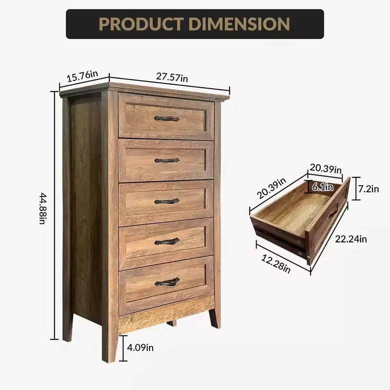 Farmhouse Dresser, Rustic Wood 5 Drawer Dresser for Closet, Tall Chest of Drawers with Metal Handles