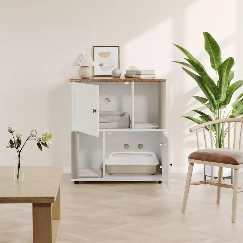 Litter Box Enclosure with Double Room, Hidden Enclosed Litterbox Furniture with Scratch Posts and Double-Layer Litter Mats Indoor Pet House
