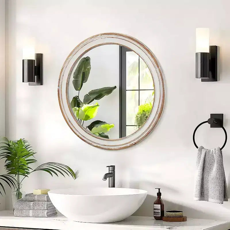 MAYEERTY 24 inches Wooden Farmhouse Round Wall Mirror for Bathroom Vanity Bedroom Living Room Kitchen Office