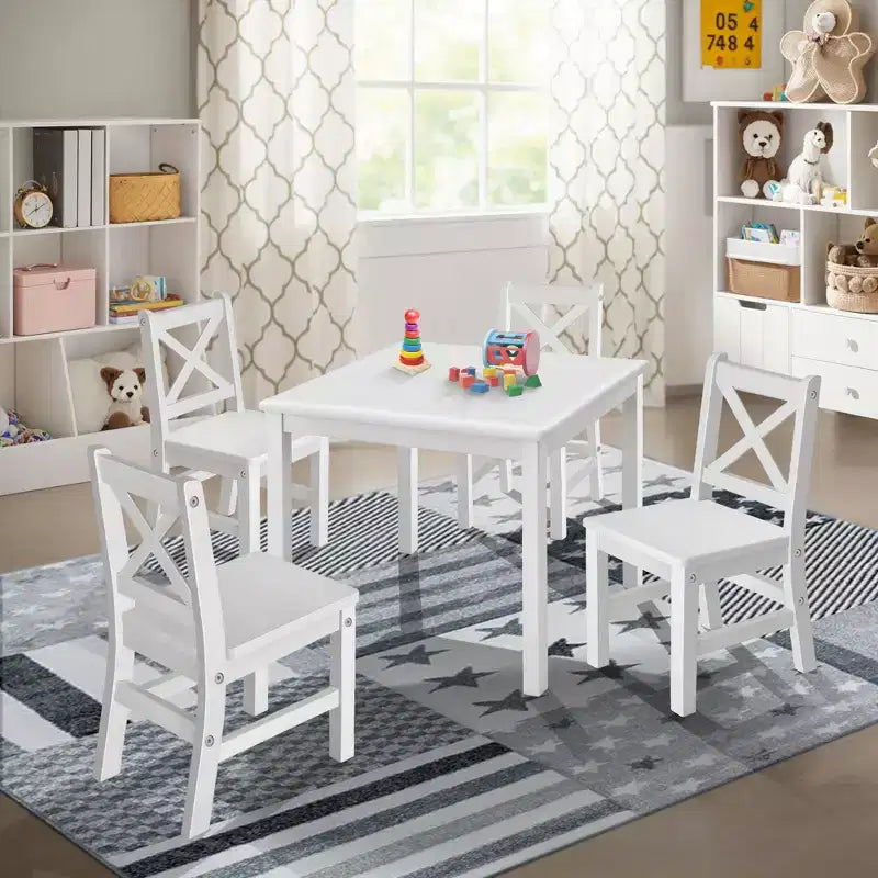 eHemco Solid Hard Wood Kids Table and Chair Set (4 Chairs Included), 5 Piece Set